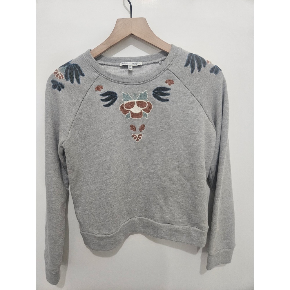 Rebecca Minkoff Grey Embroidered Floral Raglan Sweatshirt XS Cotton Pullover